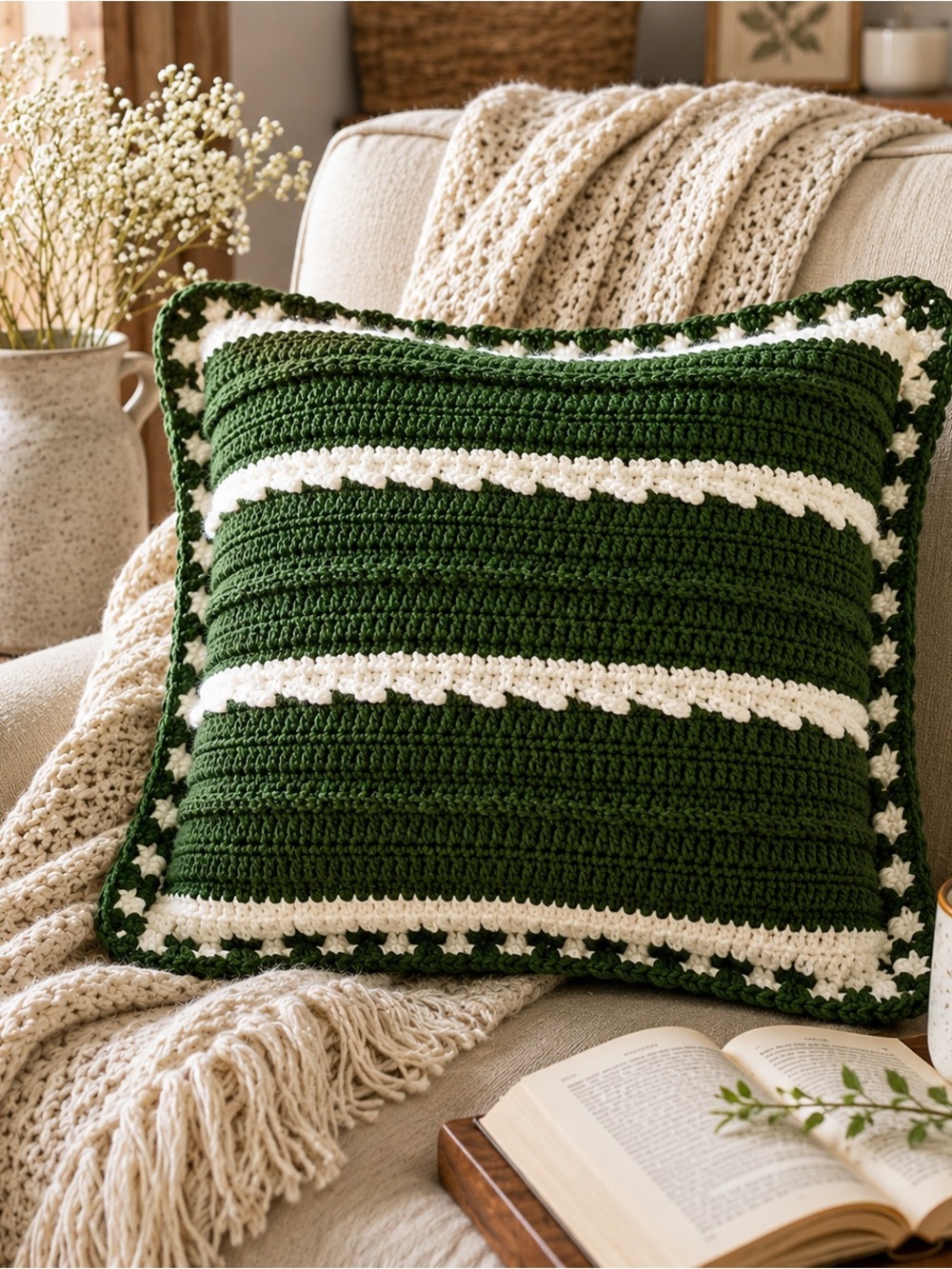 Forest Green Crochet Throw Pillow Cottagecore Farmhouse Cabin Decor